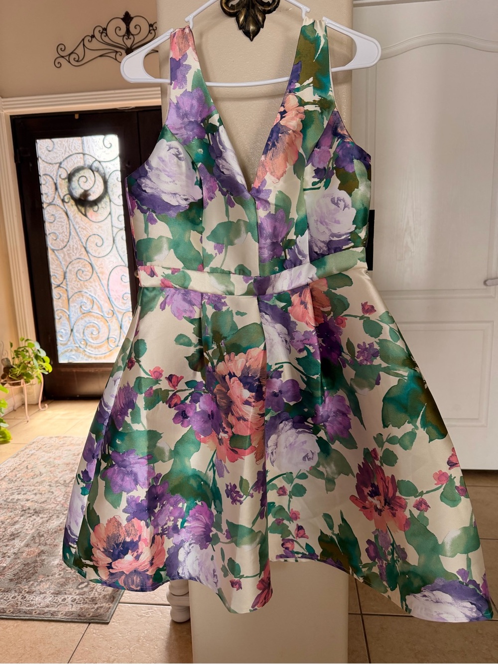 Cream Floral Fit-&-Flare Girls Dress with Purple & Green Bloom